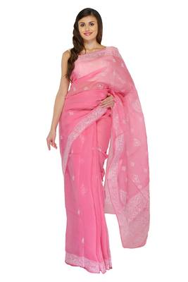 Pink embroidered georgette saree with blouse 1
