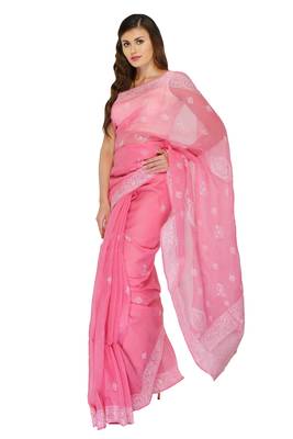 Pink embroidered georgette saree with blouse 2