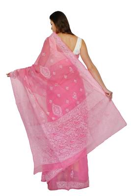 Pink embroidered georgette saree with blouse 3