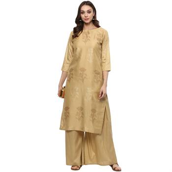 Chiku Colour straight polysilk Gold Foil Print Kurta 1