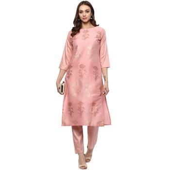 Pink Colour Straight polysilk Gold Foil Print Kurta 1