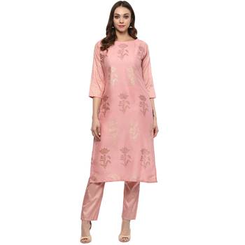 Pink Colour Straight polysilk Gold Foil Print Kurta 2