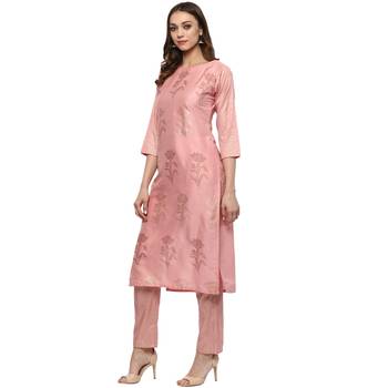 Pink Colour Straight polysilk Gold Foil Print Kurta 4