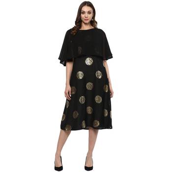 Black Colour Flared Polysilk Gold Foil Print Kurta 2