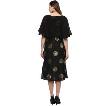 Black Colour Flared Polysilk Gold Foil Print Kurta 3