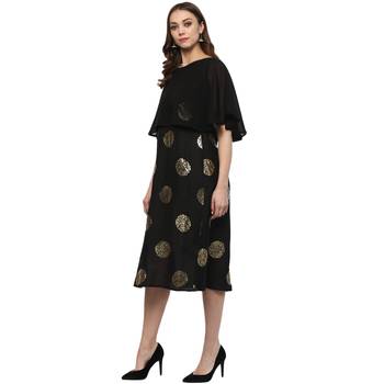 Black Colour Flared Polysilk Gold Foil Print Kurta 4