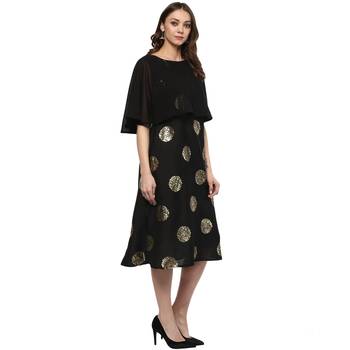Black Colour Flared Polysilk Gold Foil Print Kurta 5