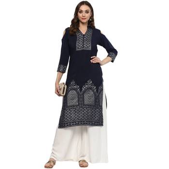 Blue Colour Straight Crepe Silver Foil Print Kurta 1