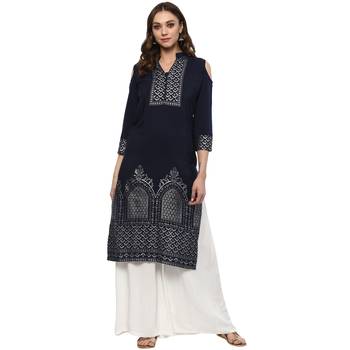 Blue Colour Straight Crepe Silver Foil Print Kurta 2