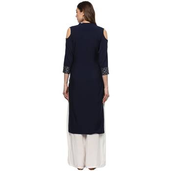 Blue Colour Straight Crepe Silver Foil Print Kurta 3