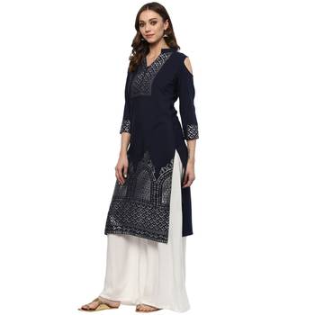 Blue Colour Straight Crepe Silver Foil Print Kurta 4