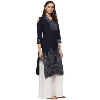 Blue Colour Straight Crepe Silver Foil Print Kurta 5