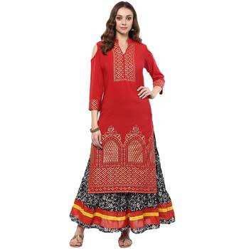 Red Colour Straight Crepe Gold Foil Print Kurta 1