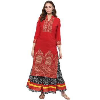 Red Colour Straight Crepe Gold Foil Print Kurta 2