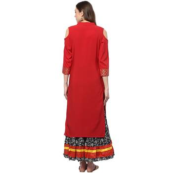 Red Colour Straight Crepe Gold Foil Print Kurta 3