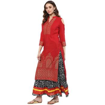 Red Colour Straight Crepe Gold Foil Print Kurta 4