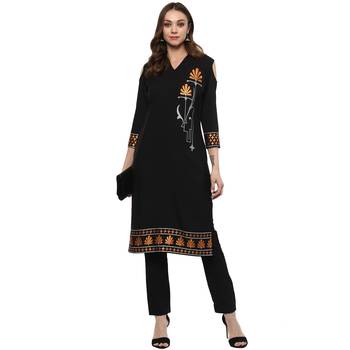 Black Colour Straight Crepe Copper Foil Print Kurta 1