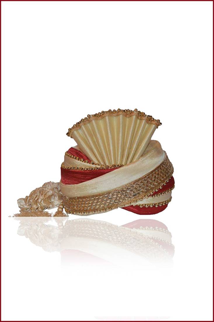 Off-white and Venetian Red Raw Silk Embroidered Wedding and Bridal Turban