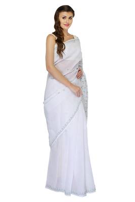 White embroidered georgette saree with blouse 2
