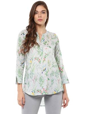 Rosah nature Print Stand Collar Long Cotton Top for Women 1