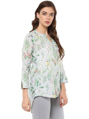 Rosah nature Print Stand Collar Long Cotton Top for Women 5