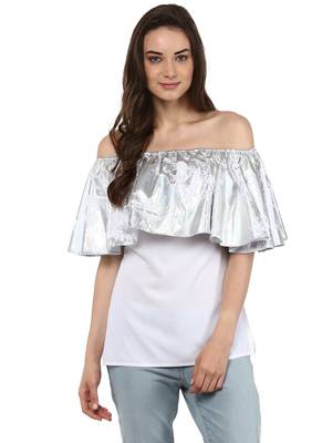 White Off Shoulder Top with Silver Metallic Ruffle 1