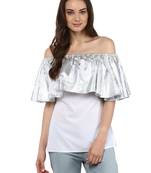 White Off Shoulder Top with Silver Metallic Ruffle