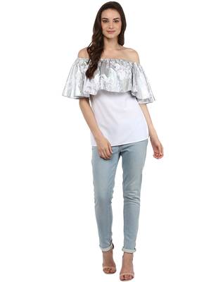 White Off Shoulder Top with Silver Metallic Ruffle 2