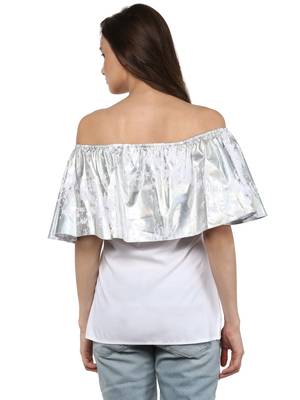 White Off Shoulder Top with Silver Metallic Ruffle 3