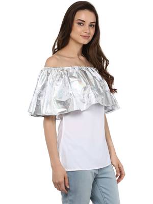 White Off Shoulder Top with Silver Metallic Ruffle 5