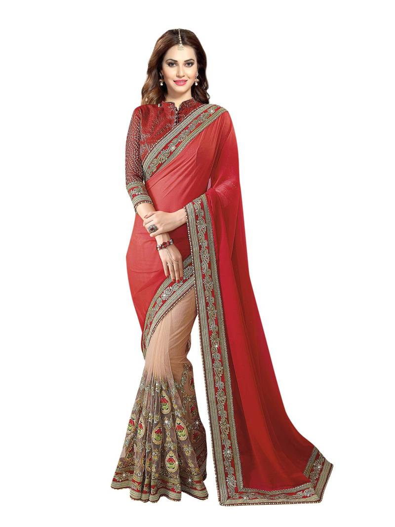 Party Wear Saree Amazon New Style Saree Pink Embroidered Georgette