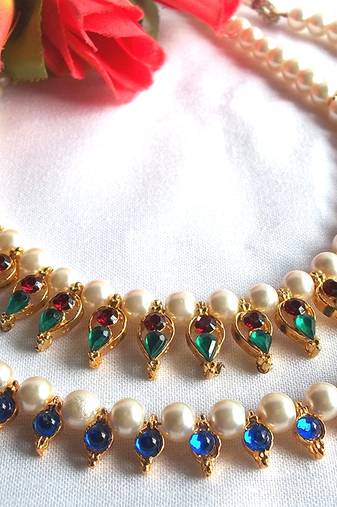 Multi Color with Blue Beads Pearl Necklace