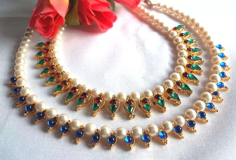 Multi Color with Blue Beads Pearl Necklace