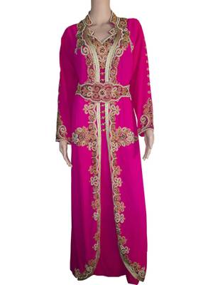 Pink Zari Stone Work Georgette Islamic Style Gown Beads Embedded PartyWear Kaftan 1