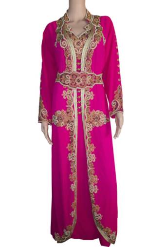 Pink Zari Stone Work Georgette Islamic Style Gown Beads Embedded PartyWear Kaftan