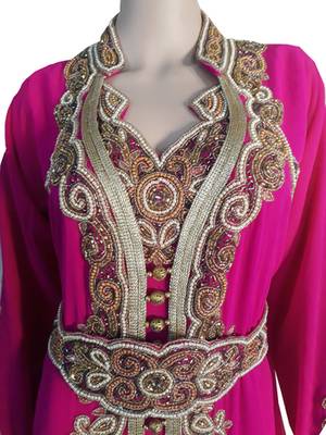 Pink Zari Stone Work Georgette Islamic Style Gown Beads Embedded PartyWear Kaftan 2