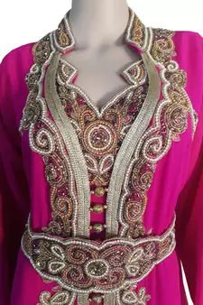 Pink Zari Stone Work Georgette Islamic Style Gown Beads Embedded PartyWear Kaftan
