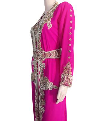 Pink Zari Stone Work Georgette Islamic Style Gown Beads Embedded PartyWear Kaftan 3