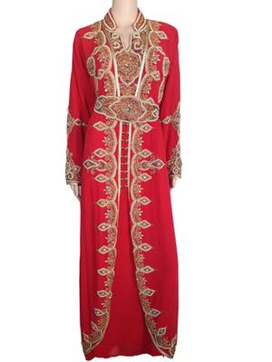 Red Zari Stone Work Georgette Islamic Style Arabian gown Beads Embedded PartyWear Kaftan 1