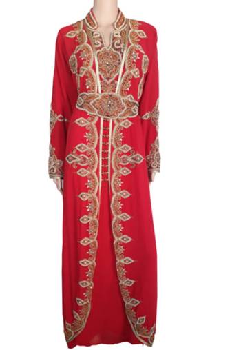 Red Zari Stone Work Georgette Islamic Style Arabian gown Beads Embedded PartyWear Kaftan