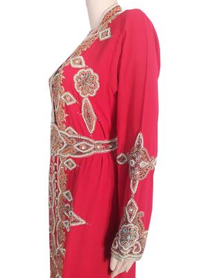 Red Zari Stone Work Georgette Islamic Style Arabian gown Beads Embedded PartyWear Kaftan 2