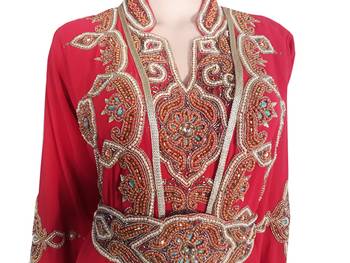Red Zari Stone Work Georgette Islamic Style Arabian gown Beads Embedded PartyWear Kaftan 3
