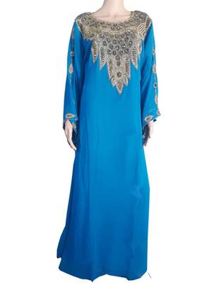 Blue Zari Stone Work Georgette Islamic Style Arabian gown Beads Embedded PartyWear Farasha 1