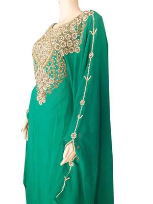 Green Zari Stone Work Georgette Islamic Style Arabian gown Beads Embedded PartyWear Farasha 3