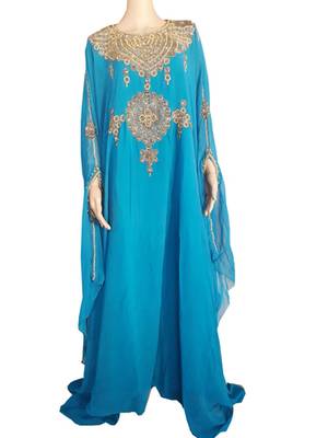 Blue Zari Stone Work Georgette Islamic Style Arabian gown Beads Embedded PartyWear Farasha 1