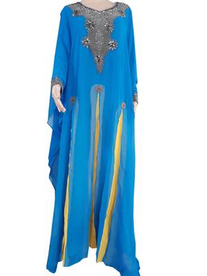 Blue Zari Stone Work Georgette Islamic Style Arabian gown Beads Embedded PartyWear Farasha 1