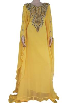 Yellow Zari Stone Work Georgette Islamic Style Arabian gown Beads Embedded PartyWear Farasha 1