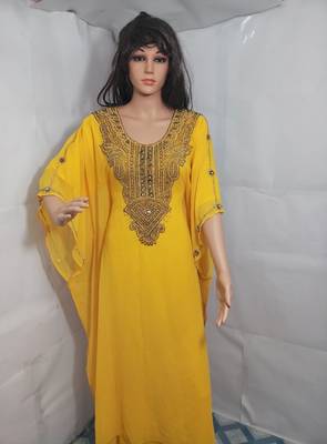 Yellow Zari Work Stones and Crystal Embedded Georgette Islamic Maxi Arabian Gown Party Wear Farasha 1