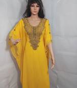 Yellow Zari Work Stones and Crystal Embedded Georgette Islamic Maxi Arabian Gown Party Wear Farasha