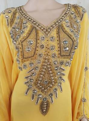 Yellow Zari Stone Work Georgette Islamic Style Arabian gown Beads Embedded PartyWear Farasha 2